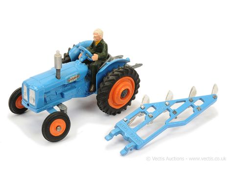 Corgi 55 Fordson Power Major Tractor - blue, orange plastic hubs, silver trim, with figure driver, comes with 61 Four Furrow 