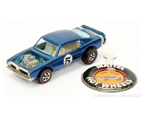 Hot Wheels (Mattel) Redline 6411 King Kuda - metallic blue, white rear stripes, race number 5 on doors - Good Plus (very ligh
