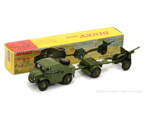 Dinky Military 697 Artillery Field Gun Set to include Artillery Tractor, with windows, Ammunition Trailer and Field Gun all f