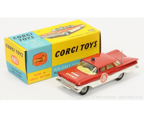 Corgi 482 Chevrolet Impala "Fire Chief" Car - two-tone red, white, lemon interior with 2 x figures, chrome side flashes and t