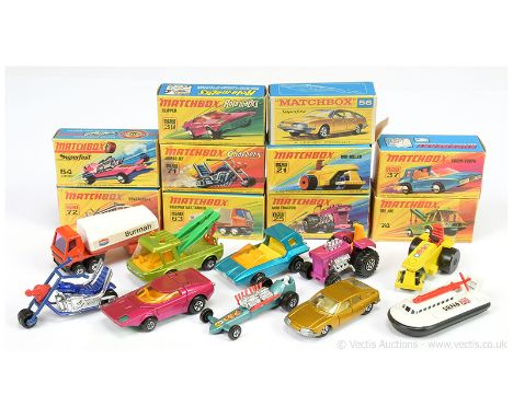 Matchbox Superfast group of early to mid 1970's issue models.  Including 21b Rod Roller; 37b Soopa Coopa; 39a Clipper; 56a BM