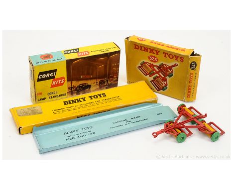 Dinky 323 Triple Gang Mower - red, yellow, green - Excellent in a Fair yellow and red carded picture box; 994 Tinplate Loadin