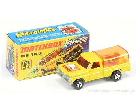 Matchbox Superfast 57c Ford Wildlife Truck - lemon yellow body with light amber rear canopy, red windows, burnt sienna lion, 