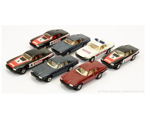 Corgi unboxed Jaguar XJS Group all different variations including maroon, cream interior; blue with tan and cream interior; "