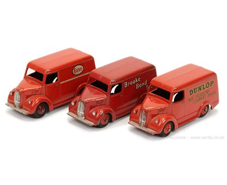 Dinky Trojan Van group to include; 455 "Brooke Bond Tea" - red including ridged hubs, silver trim; 31n (450) "Esso" - red, ma