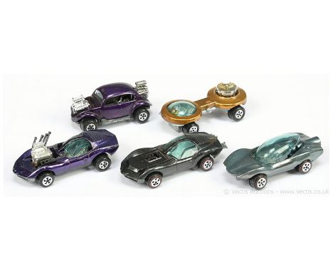 Johnny Lightning Topper Toys group of original issue Dragsters - all with pale green windows (1) Bug Bomb - metallic purple b