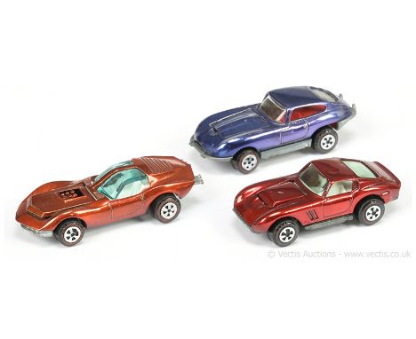 Johnny Lightning Topper Toys group of original issue Cars all with redline wheels (1) Custom Jaguar XKE - metallic blue body,