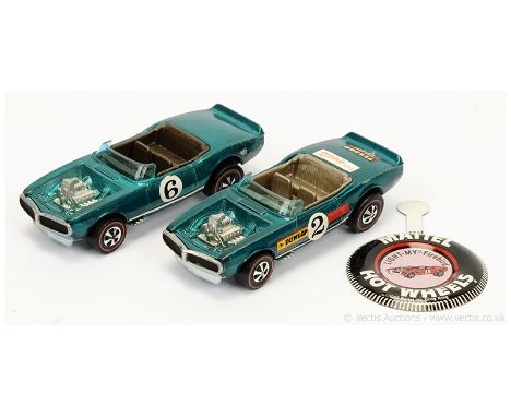 Hot Wheels (Mattel) Redline 6412 Light My Firebird - a pair (1) metallic green, race number 6 on doors (Hong Kong base) and (