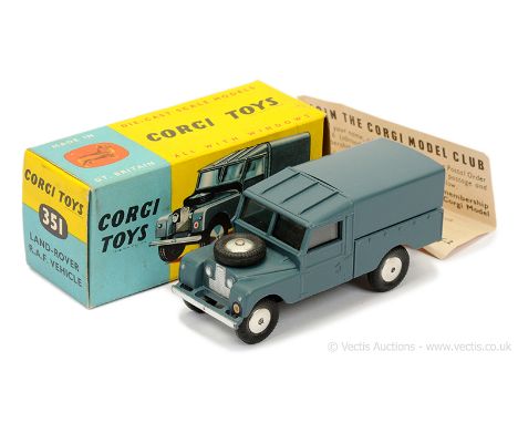 Corgi 351 Land Rover "RAF" Vehicle finished in greyish-blue including tinplate canopy, silver trim, flat spun hubs, metal tow