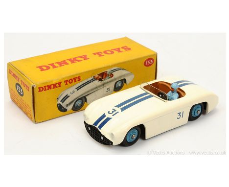 Dinky 133 Cunningham C5R Road Racer - off-white body with dark blue stripes and race number 31, brown interior with light blu