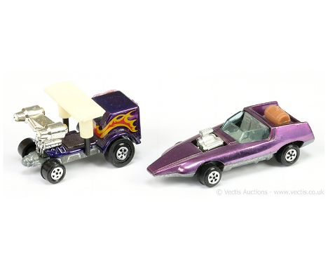 Johnny Lightning Topper Toys pair of original issue Dragsters (1) Big Rig - metallic dark blue body with flame side &amp; rea