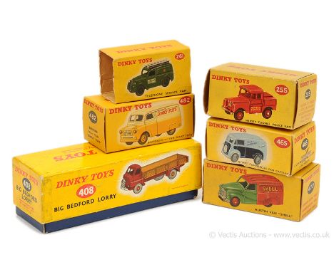 Dinky group of empty boxes to include 255 Land Rover "Mersey Tunnel Police"; 261 Morris Telephone Service"; 408 Big Bedford L