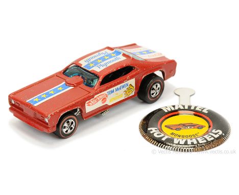 Hot Wheels (Mattel) Redline 6410 Mongoose - red body with labels (Hong Kong base) - Good (does have pitting to body) with tin