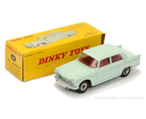 French Dinky 553 Peugeot 404 - very pale greenish-grey, red interior, silver trim, concave hubs with "Dunlop" tyres - overall