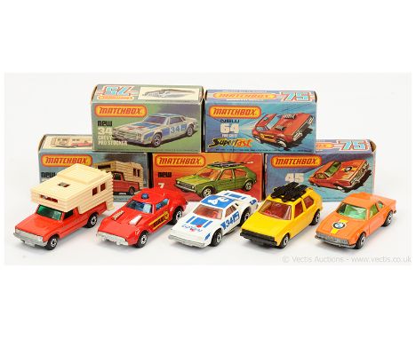 Matchbox Superfast 7c Volkswagen Golf - yellow, red interior; 38d Ford Camper - red, cream, green tinted windows; 34c Chevy P