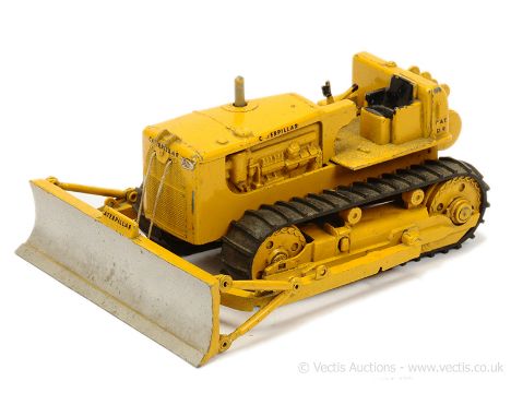 Triang Spot On 116 Caterpillar Tractor/Dozer - yellow, silver blade, black rubber tracks - Fair - see photo.