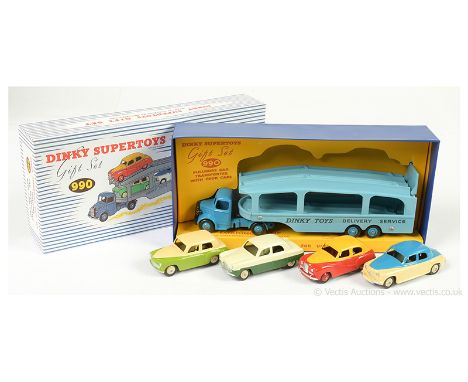 Dinky 990 Transporter Gift Set to include Bedford Pullmore Car Transporter - blue cab and ridged hubs, light blue trailer wit