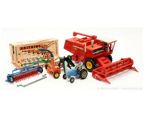 Britains Farm Related group to include 9551 Four Furrow Plough - green, red - Excellent in a Fair carded box; unboxed Massey 