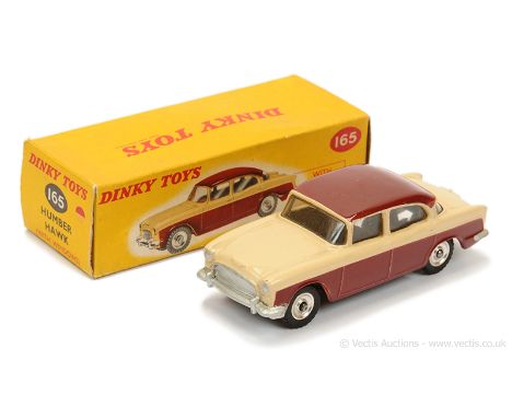 Dinky 165 Humber Hawk - two-tone light beige, maroon including lower side panels and roof, silver trim, chrome spun hubs with