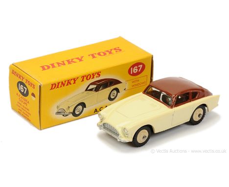 Dinky 167 AC Aceca Coupe - two-tone cream, brown upper and full length trim, silver bumpers and grille, light beige ridged hu