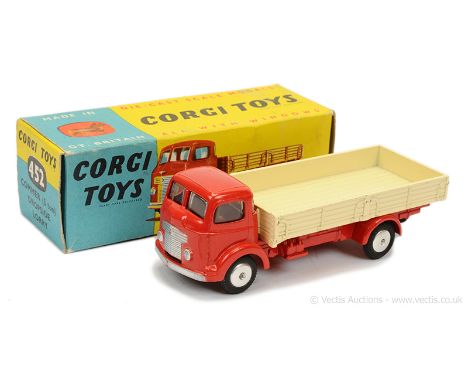 Corgi 452 Commer Dropside Lorry - red cab and chassis, cream back, silver trim, flat spun hubs, metal tow hook - Excellent (d