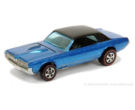 Hot Wheels (Mattel) Redline 6205 Custom Cougar - metallic blue, black hood (USA base) - Good Plus (roof has been overpainted 