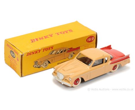 Dinky 169 Studebaker "Golden Hawk" - light tan body, red back and ridged hubs with white treaded tyres, silver trim - Good Pl