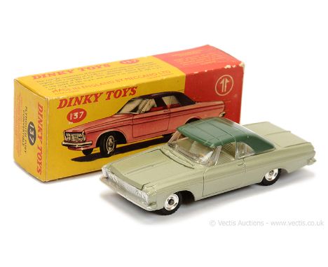 Dinky 137 Plymouth Fury Convertible - light metallic green, dark green hood, off-white interior, silver trim, chrome spun hub