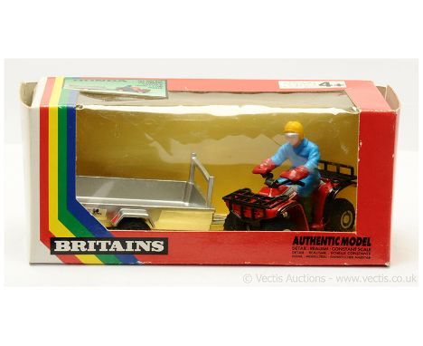 Britains 9430 (1/32nd scale) Quad Motorcycle with Trailer - finished in red with figure rider, silver trailer - Mint in a Goo