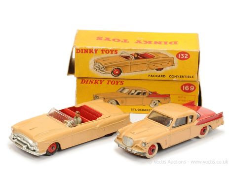 Dinky 132 Packard Convertible - light tan, red interior and ridged hubs with smooth tyres, figure driver, silver trim - Good 
