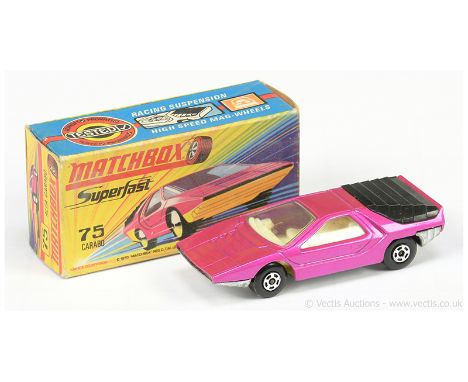 Matchbox Superfast 75a Alfa Carabo - metallic candy pink body, clear windows, ivory interior, rare bare metal base, 5-spoke w