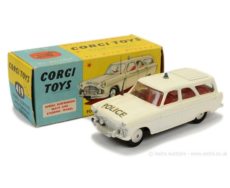 Corgi 419 Ford Zephyr "Police" Motorway Patrol Car - off white, red interior, silver trim, flat spun hubs, blue roof light, g
