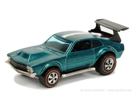 Hot Wheels (Mattel) Redline 6414 Mighty Maverick - metallic aqua, white stripe, black plastic spoiler (Hong Kong base) - Good
