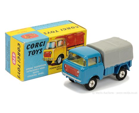 Corgi 470 Forward Control Jeep with Detachable Hood - blue cab and chassis, grey base, plastic canopy and tow hook, lemon int