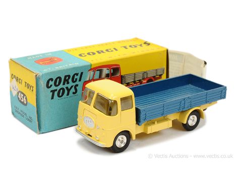 Corgi 456 ERF Dropside Lorry - pale yellow cab and chassis, metallic blue back, silver trim, spun hubs, metal tow hook - Exce