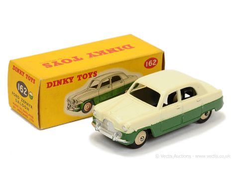 Dinky 162 Ford Zephyr Saloon - two-tone cream, green, silver trim, light beige ridged hubs with smooth tyres - Excellent Plus