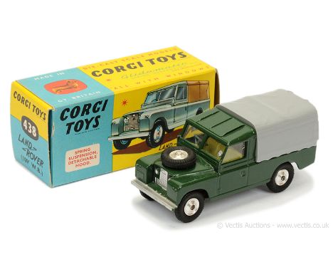 Corgi 438 Land Rover (109WB) - green body, lemon interior, grey plastic canopy, silver trim, spun hubs, metal tow hook - Near