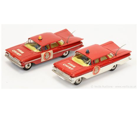 Corgi Chevrolet Impala "Fire Chief" - a pair (1) red, lemon interior with 2 x figures, yellow roof lights, silver trim and si