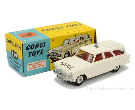 Corgi 419 Ford Zephyr Motorway Patrol "Police" Car - white body, red interior, silver trim, spun hubs, blue roof light, grey 