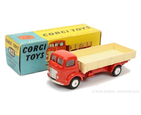 Corgi 452 Commer Dropside Lorry - red cab and chassis, cream back, silver trim, flat spun hubs, with metal tow hook - Excelle