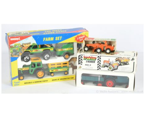 Kovap and Buddy L smaller scale tinplate Tractors - Kovap models comprise clockwork Tractor with gears and 4-wheel Trailer - 