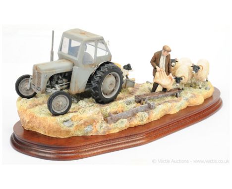 Border Fine Arts Classic B0343 "Frosty Morning" - Vintage Tractor &amp; Animal Scene mounted on wooden plinth signed by sculp
