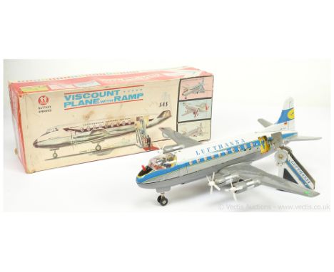 Tomy (Japan) tinplate "Battery Operated Viscount Plane with Ramp" - finished in white/blue/silver Lufthansa livery, with open