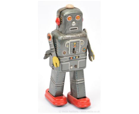 SY Toys (Japan) 1960's "Spaceman" Robot - tinplate clockwork example is grey, with tinprinted detail, red feet, some light ag
