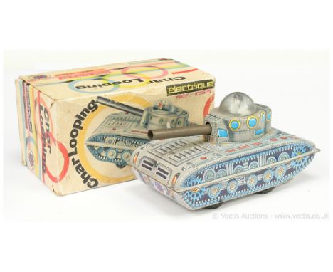 France Jouets "Electrique Char Looping" tinplate battery operated Looping Tank - grey tinplate body with detailed tinprinting