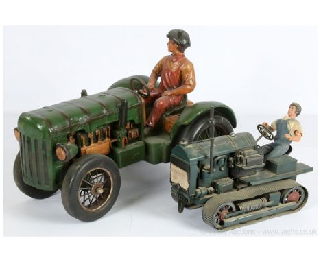 A pair of large scale wooden and metal Tractors (1) 19"/48cm Farm Tractor with seated driver figure - heavy item with spoked 