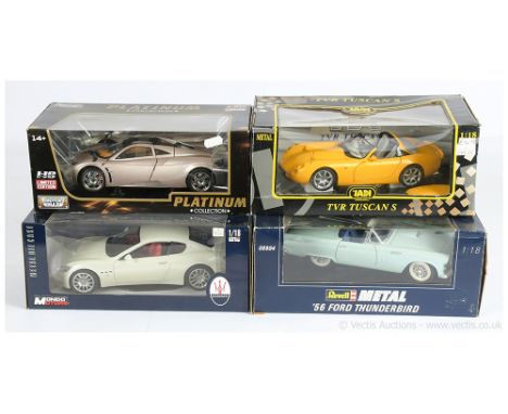 A mixed group of 1/18th scale models (1) Mondo Motors Maserati Gran Turismo - pearlescent white, (2) Jadi TVR Tuscan S - Suns