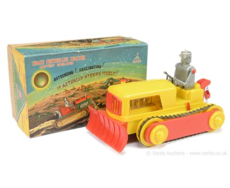 PMC (Hong Kong) "Battery Operated Space Controlled Tractor" - large scale plastic model in yellow/red, comes with seated robo