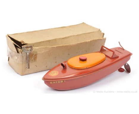 Sutcliffe Models tinplate "Racer 1" tinplate clockwork Speedboat - brown with overpainted yellow engine cover, no key but the