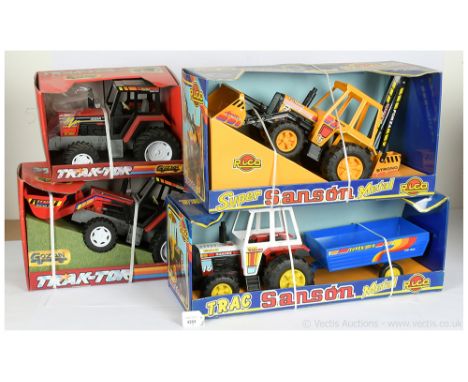 A mixed group of pressed steel and plastic toys (1) Rico Super Sanson Construction Toy, (2) similar but Tractor and Trailer, 